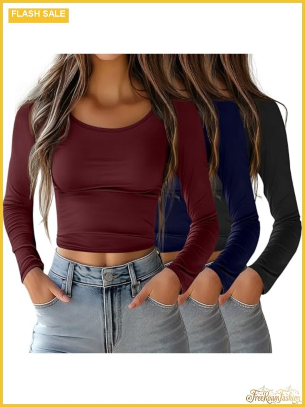 3 Pack Long Sleeve Crop Tops Women Basic Slim Fit Layer Undershirts Fall Spring